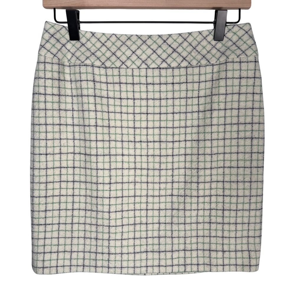 Vintage L.L. Bean 100% Wool Plaid Pencil Skirt Cream Blue Green Size 0